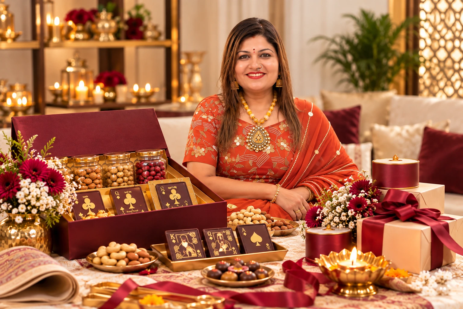 A woman seated behind festive maroon hampers, gold gift boxes, chocolates and flowers.